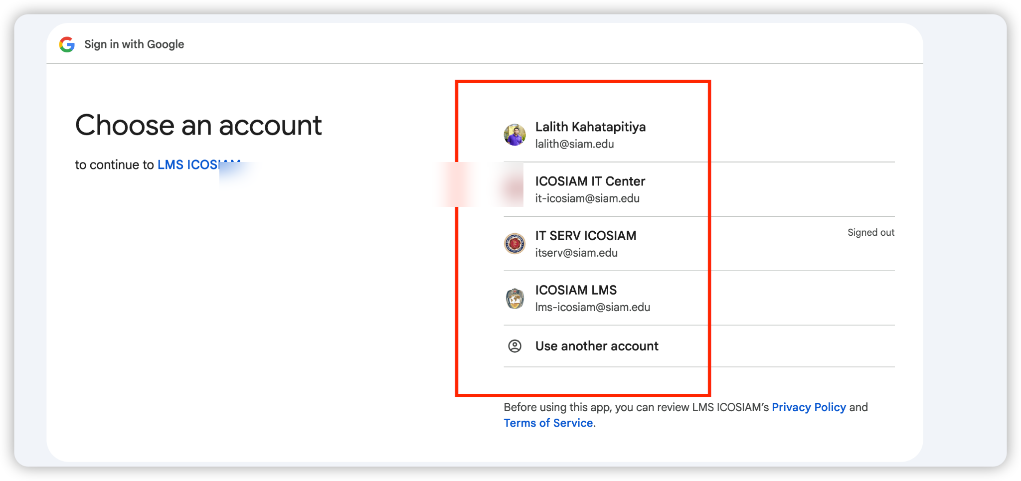 Choose account for Moodle — select your student email